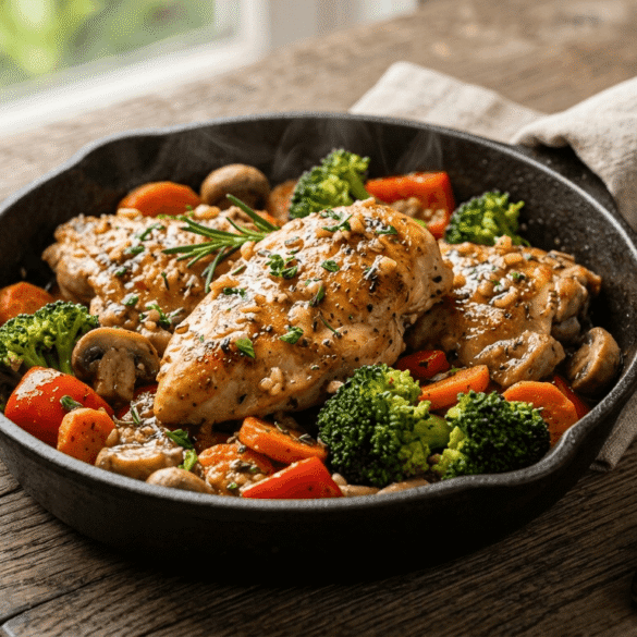 Garlic butter chicken with mixed vegetables in a skillet, single serving, warm lighting, appetizing presentation