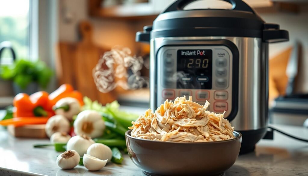 A beautifully arranged Instant Pot with shredded chicken being prepared, set on a kitchen countertop. In the foreground, the Instant Pot is open, revealing tender, juicy shredded chicken, steam rising gently from the pot. In the middle, fresh ingredients like garlic cloves, chopped onions, and colorful bell peppers surround the Instant Pot, hinting at the flavorful seasoning. The background features a warm, inviting kitchen ambiance with soft, natural lighting filtering through a window, illuminating the scene. A blurred cutting board and a knife can be seen, emphasizing an organized cooking space. The mood is cozy and homely, perfect for a family meal atmosphere, showcasing the ease and deliciousness of this cooking method.