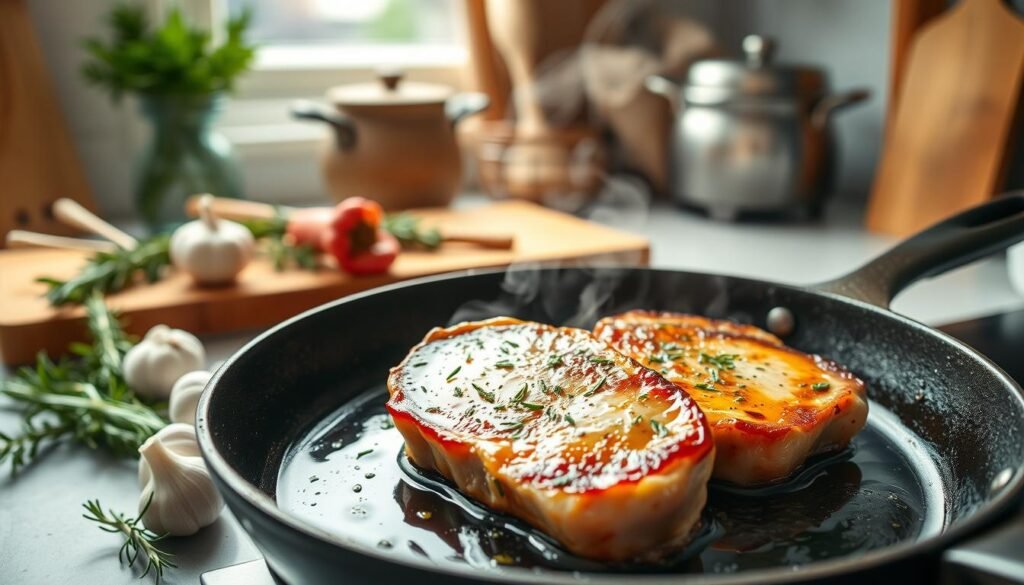 A beautifully arranged kitchen scene focusing on pan searing pork chops. In the foreground, a cast iron skillet with two perfectly golden-brown pork chops sizzling, glistening with a light coat of olive oil and a sprinkle of fresh herbs. Juicy, mouth-watering steam rises from the skillet, creating a warm atmosphere. The middle ground features colorful fresh ingredients such as garlic cloves and sprigs of rosemary, scattered artfully across a wooden cutting board. In the background, soft, diffused natural light filters through a kitchen window, highlighting rustic kitchen elements like wooden utensils and pots. The overall mood is inviting and cozy, capturing the essence of home cooking.