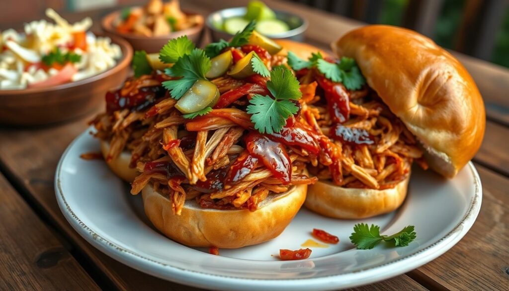 A beautifully arranged plate of BBQ shredded chicken served on soft, golden-brown brioche buns. The chicken is generously piled high, glistening with a rich, smoky barbecue sauce, garnished with fresh cilantro and slices of pickles for a pop of color. The brioche buns are perfectly toasted, showcasing a delicate sheen under warm, natural light. In the background, a rustic wooden table and some vibrant side dishes like coleslaw and potato salad can be seen, creating a cozy backyard dining atmosphere. The image is captured from a top-down angle, emphasizing the texture of the chicken and the inviting appearance of the buns. The overall mood is warm and inviting, perfect for a casual outdoor gathering.