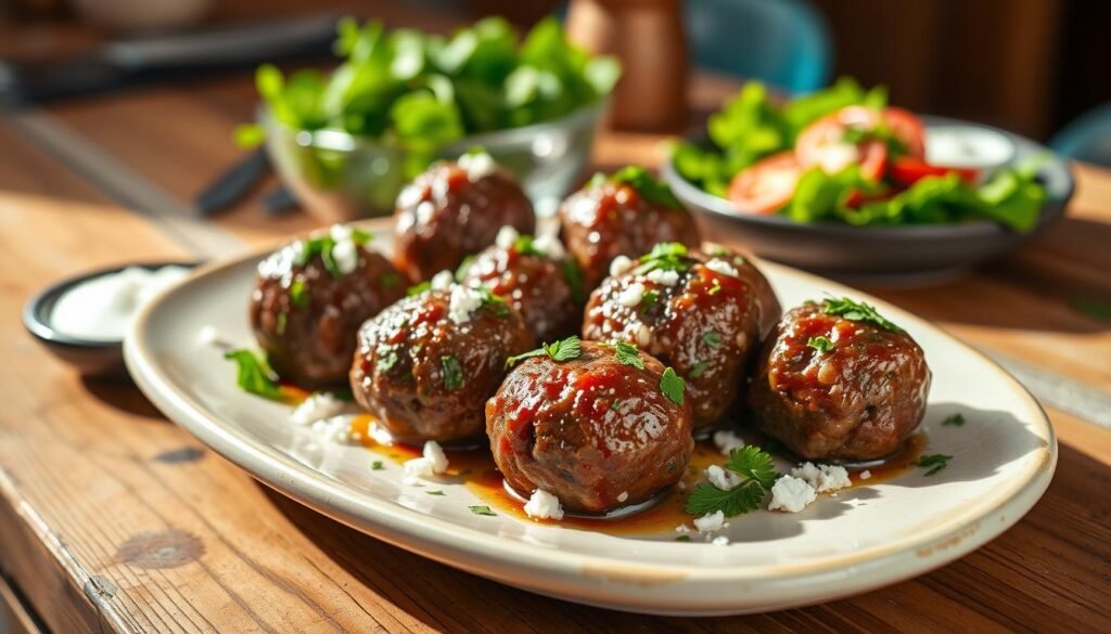 A beautifully arranged plate of Mediterranean lamb meatballs, garnished with fresh herbs like parsley and mint, and crumbled feta cheese, all set against a rustic wooden table. The meatballs are perfectly round and browned, glistening with a hint of olive oil. In the background, soft-focus elements show a vibrant green salad and a small dish of tzatziki sauce. The lighting is warm and inviting, with natural sunlight streaming in from the side, giving the scene a cozy, home-cooked feel. Shot at a shallow depth of field to emphasize the meatballs in the foreground and create a savory, appetizing atmosphere.
