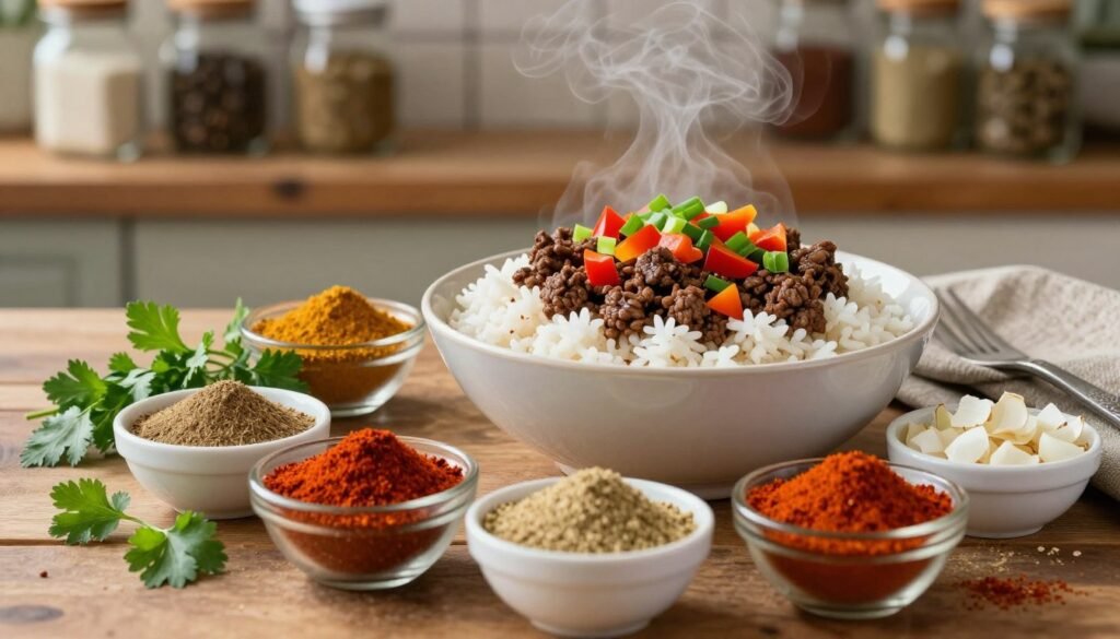 A beautifully arranged selection of essential seasonings and flavor combinations for ground beef and rice dishes. In the foreground, showcase small bowls filled with vibrant spices such as cumin, paprika, garlic powder, and onion flakes, alongside fresh herbs like parsley and cilantro. The middle ground should feature a steaming bowl of cooked ground beef with fluffy rice, garnished with colorful diced bell peppers and chopped green onions. The background displays a rustic kitchen setting with wooden shelves holding glass jars of various seasonings, bathed in warm, natural light to create a cozy ambiance. The composition should evoke a sense of culinary creativity and warmth, inviting viewers to explore delicious meal ideas.