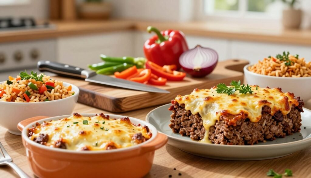 A beautifully arranged table showcasing an array of creative ground beef and rice dishes. In the foreground, a colorful casserole, its golden cheese melted and bubbly, sits next to a perfectly shaped meatloaf, garnished with fresh herbs. On the side, a small bowl of seasoned rice with vibrant vegetables adds a splash of color. In the middle ground, a rustic wooden cutting board features freshly chopped ingredients like bell peppers and onions, with a chef's knife glinting in the light. The background is softly out-of-focus, hinting at a cozy kitchen ambiance, illuminated by warm, natural light filtering through a window. The scene conveys an inviting, hearty atmosphere that inspires culinary creativity.