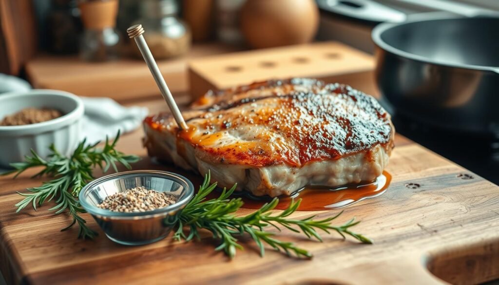 A beautifully arranged tableau featuring a perfectly cooked pork chop on a rustic wooden cutting board, with an internal temperature probe inserted to show optimal cooking temperature. In the foreground, highlight fresh herbs like rosemary and thyme, alongside a small bowl of seasoning mix. The middle ground showcases the pork chop, glistening with a golden-brown sear, juices pooling slightly on the side. Soft, diffused natural light illuminates the scene from a nearby window, casting gentle shadows. In the background, blurred kitchen elements like pots, spices, and a hint of a frying pan create a warm and inviting atmosphere. The composition conveys a sense of homely comfort and culinary expertise, appealing to home cooks aiming for perfection in their dishes.