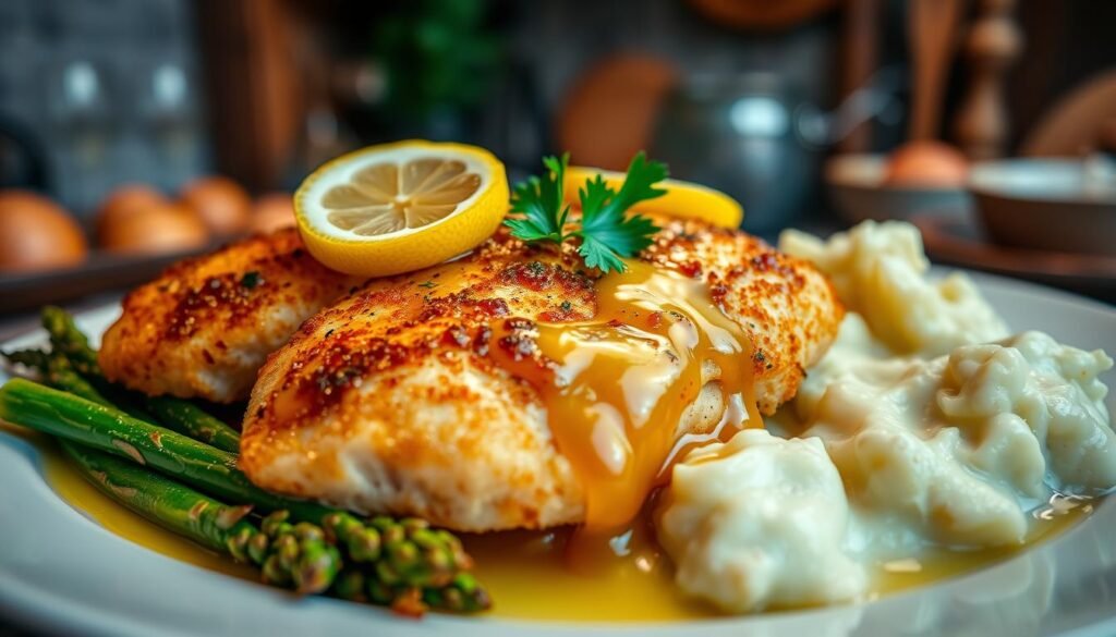 A beautifully plated Chicken Francese, featuring tender chicken breasts coated in a golden-brown, lightly crisped lemon-flour batter, drizzled with a rich, glossy lemon butter sauce that glistens invitingly. The dish is garnished with fresh parsley and thin lemon slices for a pop of color. Surrounding the chicken are delicate sautéed asparagus spears and creamy mashed potatoes, served elegantly in a fine white porcelain dish. In the background, a rustic Italian kitchen setting can be seen, with warm wooden accents and soft, ambient lighting that creates a cozy atmosphere. The image is captured in a soft focus to enhance the mouthwatering details, with a shallow depth of field emphasizing the dish while subtly blurring the background elements. The overall mood is inviting and appetizing, perfect for showcasing this exquisite meal.