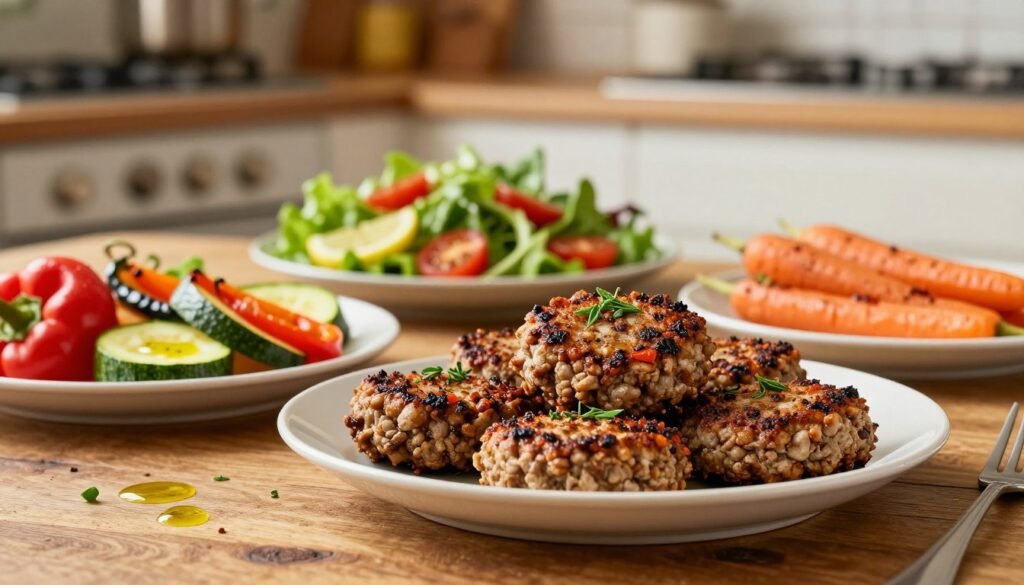 A beautifully plated dinner featuring healthy ground lamb dishes, artfully arranged with a variety of fresh vegetables. In the foreground, showcase a vibrant dish of spiced ground lamb patties garnished with herbs, set on a rustic wooden table. To the side, include colorful roasted vegetables like bell peppers, zucchini, and carrots drizzled with olive oil. The middle layer includes a light salad made with mixed greens, cherry tomatoes, and a lemon vinaigrette. The background features a softly blurred kitchen setting, with warm, inviting lighting that enhances the freshness of the ingredients. Capture a sense of warmth and home-cooked comfort, ideal for health-conscious diners. Use a shallow depth of field to emphasize the dishes, evoking a vibrant, appetizing atmosphere.