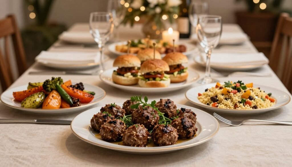 A beautifully set dinner table featuring an array of creative ground lamb dishes, capturing the essence of a vibrant dinner party. In the foreground, a stunning lamb meatball platter garnished with fresh herbs, along with elegant mini sliders, vibrant roasted vegetables, and a colorful couscous salad. The middle ground showcases an array of dishes, artfully arranged with elegant serving utensils. In the background, soft, warm lighting sets an inviting atmosphere, with blurred hints of festive decorations and candles creating a cozy ambiance. The table is covered with a tasteful linen tablecloth, and crystal-clear dinnerware reflects the soft light, enhancing the overall warmth of the scene. Emphasize a mood of celebration and togetherness, perfect for any gathering.
