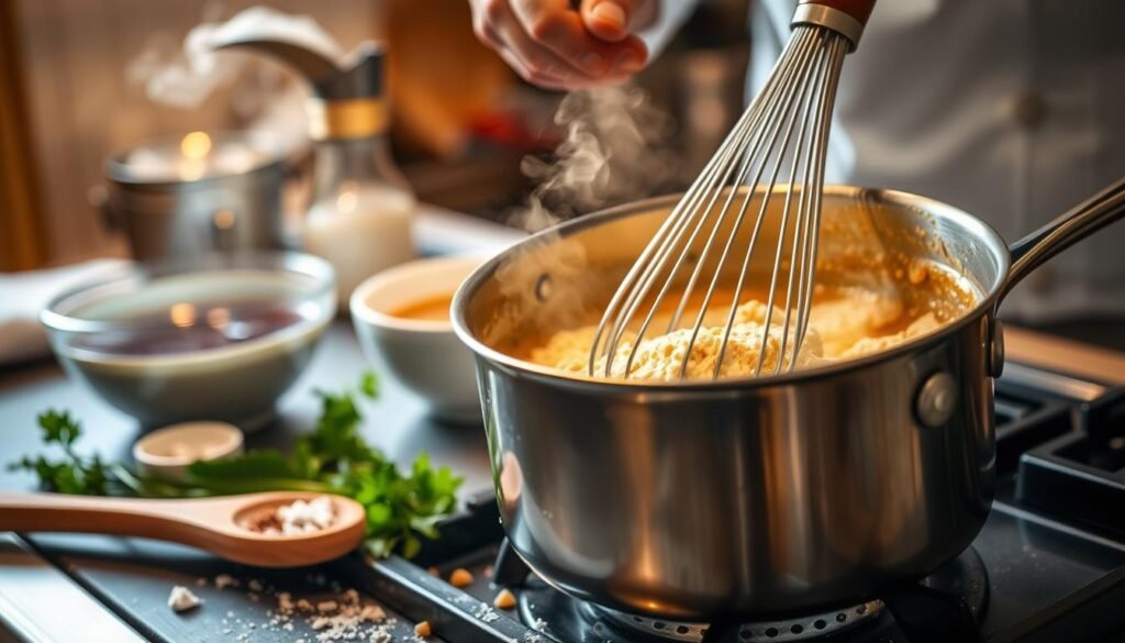 A close-up of a chef skillfully whisking a roux in a stainless-steel saucepan on a stovetop, with a rich golden-brown color emerging as the flour and butter blend together. In the foreground, a wooden spoon rests beside the pan, and a few scattered flour grains add texture. The middle ground features a selection of ingredients: fresh herbs, a bowl of beef broth, and a small dish of seasoning to indicate preparation for gravy. The background showcases a softly lit kitchen environment, with warm, ambient lighting creating a cozy atmosphere. A focus on the texture of the roux, with steam gently rising, emphasizes the cooking process. The overall mood is inviting and focused, capturing the essence of mastering roux for smooth gravy.