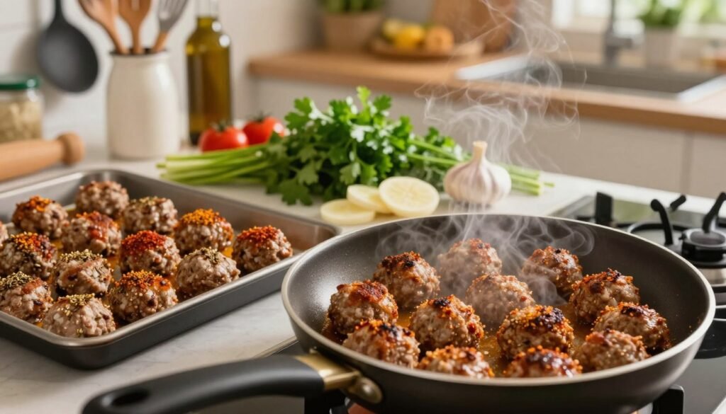 A close-up scene of spiced lamb meatballs being prepared in a modern kitchen, showcasing various cooking methods. In the foreground, a frying pan sizzles with golden-brown meatballs, releasing aromatic steam. On one side, a baking tray holds uncooked meatballs, vibrant with spices like cumin and coriander. In the middle ground, an expanse of fresh herbs and vegetables scattered around, including chopped parsley and slices of garlic, enhancing the colorful presentation. The background features a well-organized kitchen with utensils and ingredients neatly arranged. Warm, inviting lighting casts a soft glow, creating a cozy atmosphere. Captured from a slightly elevated angle to emphasize the textures and details, focusing on the deliciousness of the cooking process.