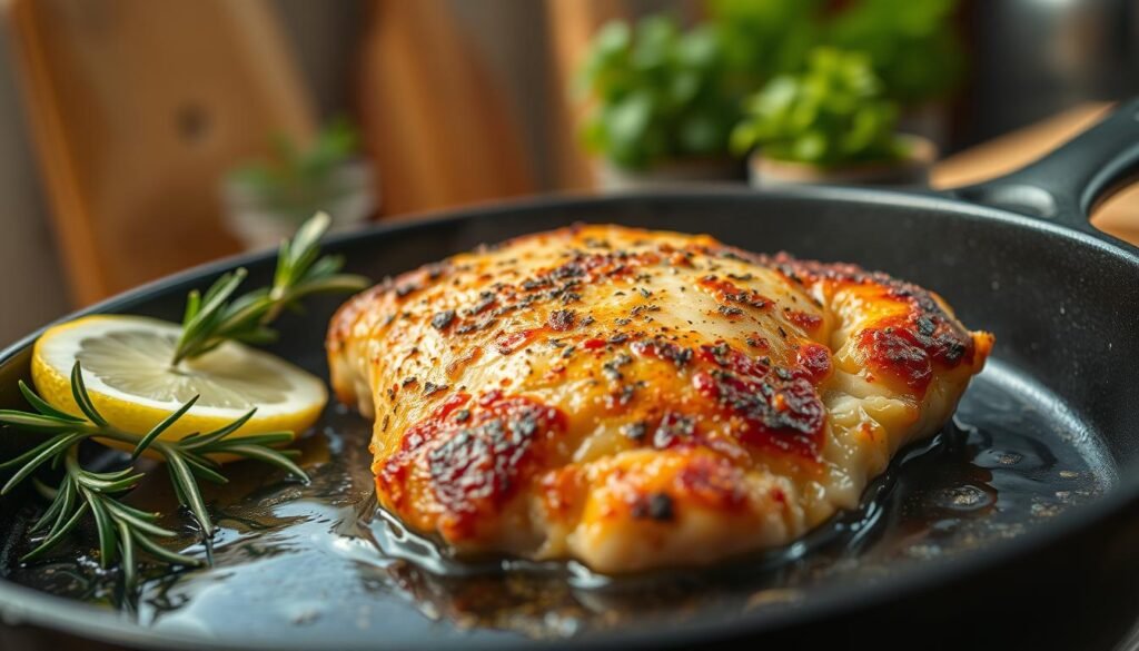 A close-up view of a perfectly pan-fried chicken breast with a golden, crispy crust, sizzling in a cast-iron skillet. The chicken is beautifully browned, with visible herbs and spices giving it a rich texture. Surrounding the skillet, a few sprigs of fresh rosemary and a slice of lemon add vibrant color. Soft, warm kitchen lighting casts a gentle glow on the scene, enhancing the appetizing details of the chicken and the skillet's surface. In the background, a blurred-out rustic kitchen setting adds warmth, with wooden utensils and a hint of greenery from potted herbs on a counter. The atmosphere is inviting and cozy, perfect for evoking a sense of homeliness and culinary delight.