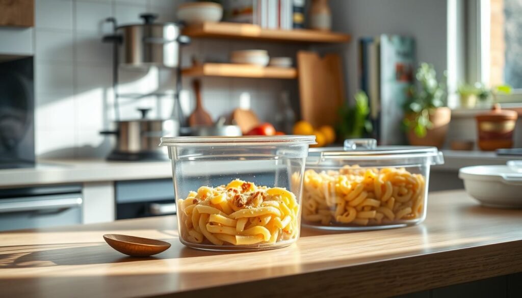 A cozy kitchen scene featuring a well-lit countertop where leftover pasta is being stored in a clear airtight container. The pasta, creamy and cheesy, is visible, showing a rich texture of sauce and ingredients. In the foreground, the container is the focal point with a wooden spoon resting beside it, hinting at its recent use. The middle layer includes a clean, organized kitchen with pots, colorful vegetables, and a hint of herbs, creating a homey atmosphere. Soft, natural lighting filters in from a nearby window, casting gentle shadows. The background includes a kitchen shelf with cookbooks and a potted herb, suggesting a nurturing cooking space. The overall mood is warm and inviting, perfect for a delightful home cooking experience.