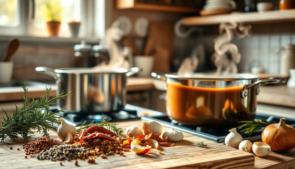 A cozy kitchen scene showcasing the art of customizing beef gravy flavors. In the foreground, a wooden cutting board is adorned with an array of vibrant spices, fresh herbs, and vegetables like thyme, rosemary, onions, and garlic, ready to be added to a rich, simmering pot of gravy. The middle ground features a stainless steel pot on a stovetop, bubbling with a velvety, deep brown gravy, with steam rising gently into the air. In the background, soft, warm lighting pours through a window, casting a golden glow that enhances the inviting ambiance. A rustic kitchen counter holds jars of flavored gravies, conveying a sense of creativity and culinary exploration. The atmosphere is warm and inviting, perfect for home cooking.