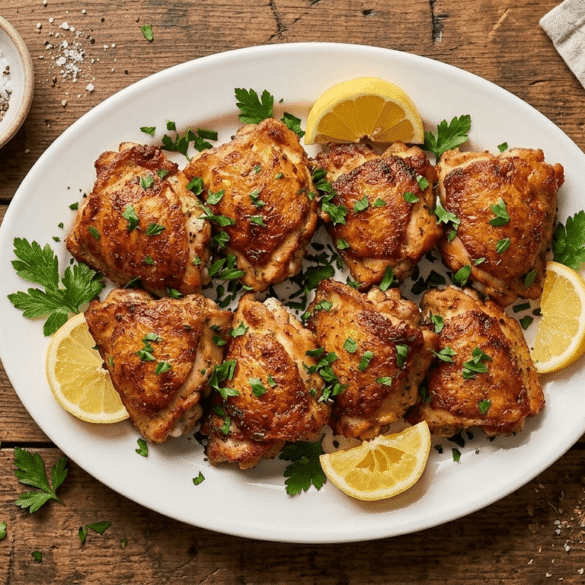 Crispy golden air fryer boneless chicken thighs on a white plate garnished with parsley and lemon wedges