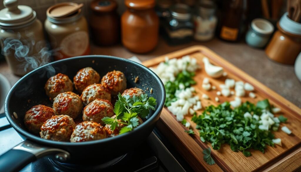 An inviting kitchen scene showcasing the cooking technique for spiced lamb meatballs. In the foreground, a skillet is sizzling with golden-brown lamb meatballs, glistening with a blend of spices like cumin, coriander, and paprika, releasing an aromatic steam. The middle ground features a wooden cutting board with fresh herbs such as parsley and mint, alongside diced onions and garlic, ready to be mixed in. In the background, soft, warm lighting creates a cozy atmosphere, highlighting rustic kitchen elements like ceramic jars and wooden utensils. The camera angle should be slightly above eye level, focusing on the vibrant colors and textures of the ingredients, creating a sense of mouthwatering anticipation and culinary artistry.