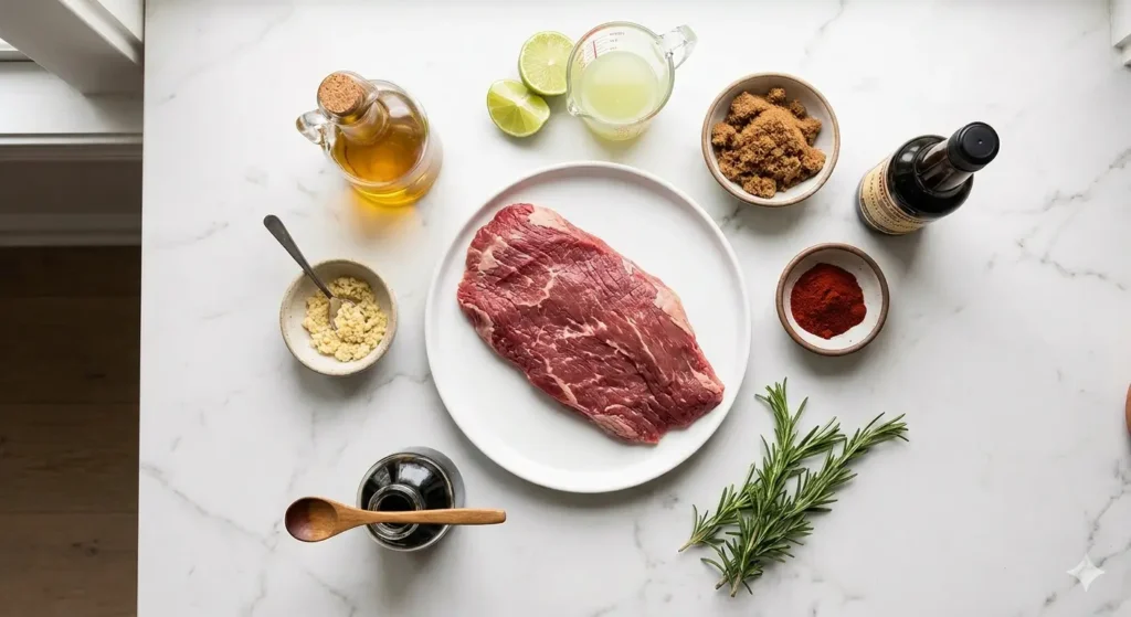 flank steak recipes on a white plate surrounded by marinade ingredients including soy sauce, garlic, lime juice and olive oil on a marble surface