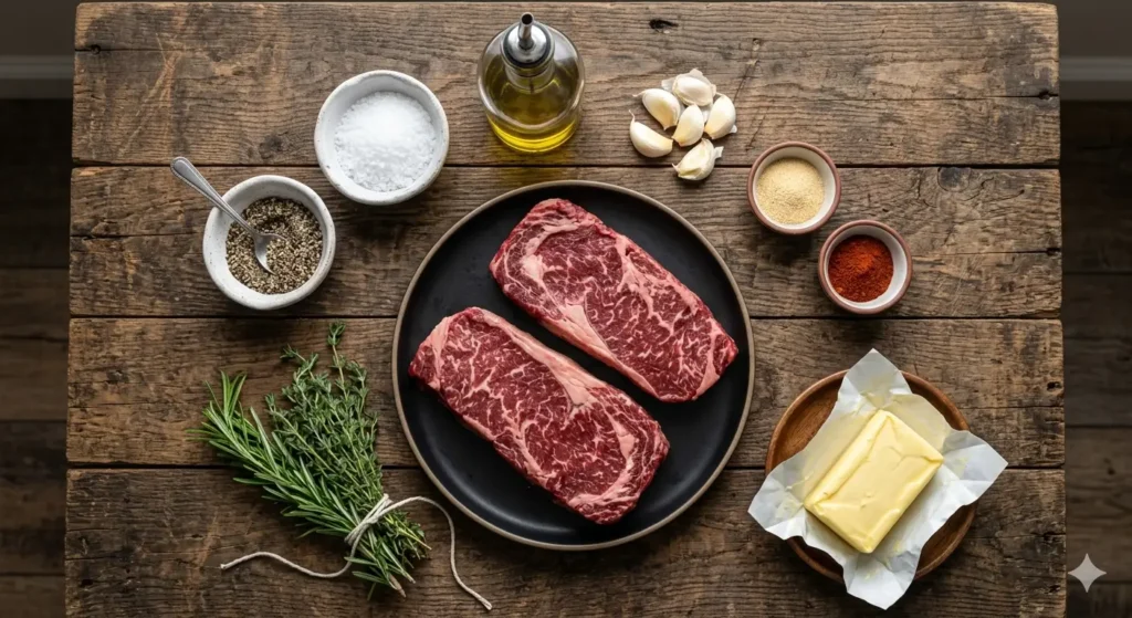 Ingredients for a flat iron steak recipe arranged on a rustic wooden table
