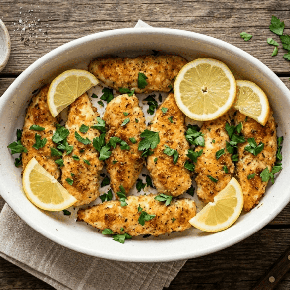 Golden baked chicken tenderloins in oven on a white baking dish garnished with parsley and lemon