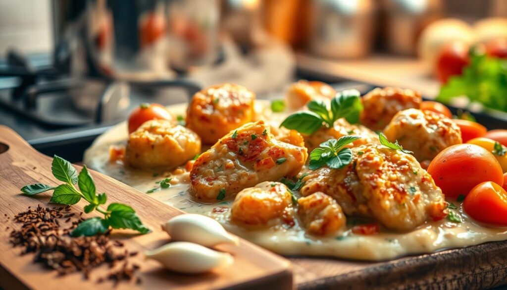 Golden brown chicken pieces sizzling in a creamy, rich sauce, garnished with fresh herbs like basil and parsley. The chicken is perfectly cooked, glistening with buttery sheen, and surrounded by an array of colorful, sautéed vegetables including bell peppers and cherry tomatoes. In the foreground, a wooden cutting board showcases spices and garlic cloves, adding to the cooking ambiance. The middle ground features a pot on a stove with steam rising and the sauce bubbling gently. The background is softly blurred, hinting at a cozy kitchen setting with warm, ambient lighting. Capture this scene with a shallow depth of field to emphasize the dish, using soft, golden hour lighting to enhance the creamy texture and appetizing colors. The overall mood should be inviting and delicious, evoking the joy of cooking.
