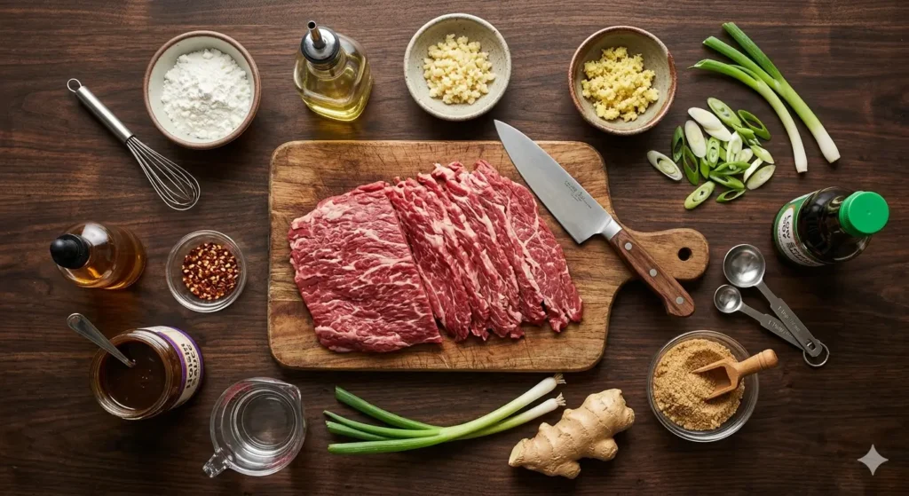 Ingredients for the best Mongolian beef recipe arranged on a wooden table.