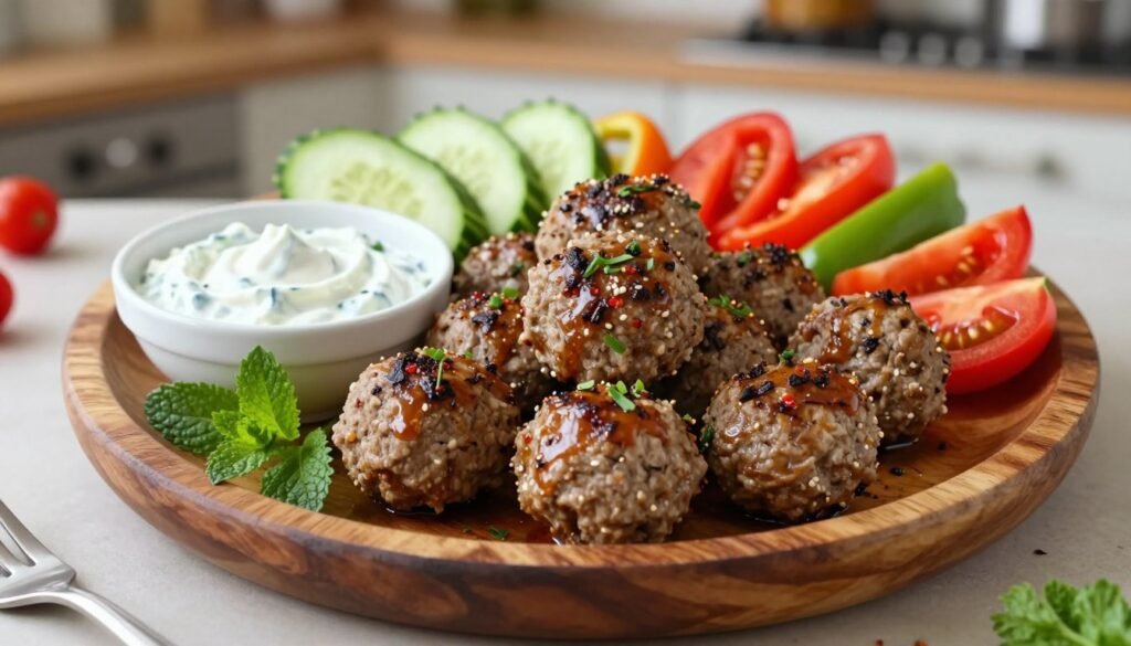 Lamb kofta meatballs beautifully arranged on a rustic wooden platter, glistening with spices and herbs, surrounded by a creamy tzatziki sauce in a small bowl. The plate is garnished with fresh herbs like mint and parsley, and colorful sliced vegetables such as crisp cucumbers, ripe cherry tomatoes, and crunchy bell peppers, creating a vibrant display. The scene is set against a softly blurred backdrop of a well-lit kitchen, suggesting warmth and homeliness. The lighting is natural and inviting, highlighting the textures of the meatballs and the freshness of the vegetables. Capture this appetizing arrangement from a top-down angle to emphasize the dish's artistic presentation, evoking a feeling of comfort and culinary delight.