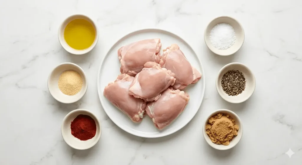 Raw boneless chicken thighs with seasoning ingredients including smoked paprika, garlic powder and olive oil on a marble countertop