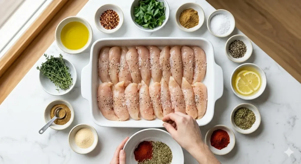 how to cook chicken tenderloins in oven with seasoning ingredients including olive oil, garlic powder, and paprika on a marble countertop