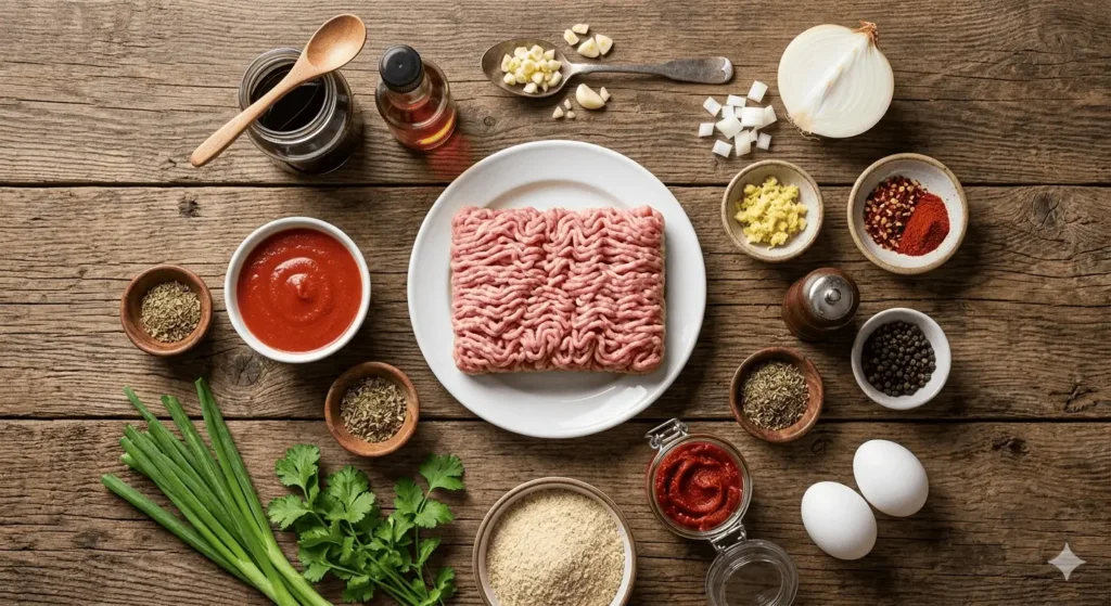Essential ingredients for ground pork recipes arranged on a rustic wooden surface.