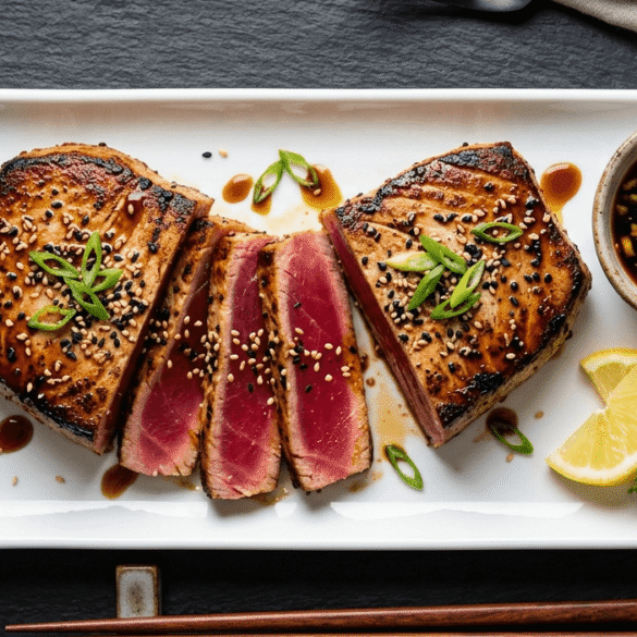 Two seared ahi tuna steaks on a white plate showing a golden crust and pink rare center garnished with sesame seeds and green onions