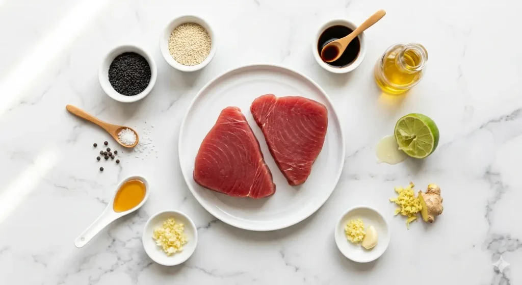 All ingredients for ahi tuna steak recipe including raw tuna steaks, soy sauce, sesame seeds, sesame oil, lime, garlic and ginger on a marble surface
