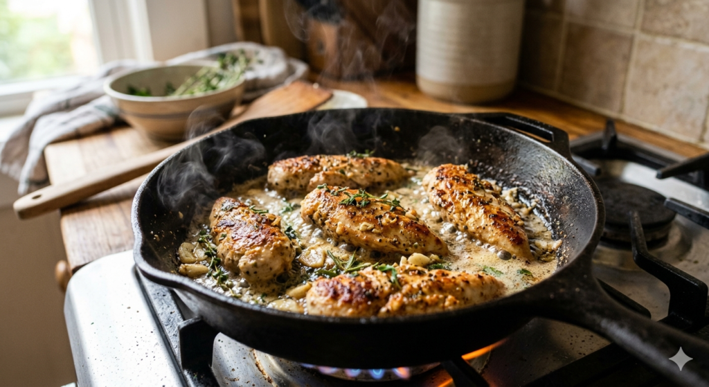 chicken tenderloins cooking in a pan with garlic and butter
