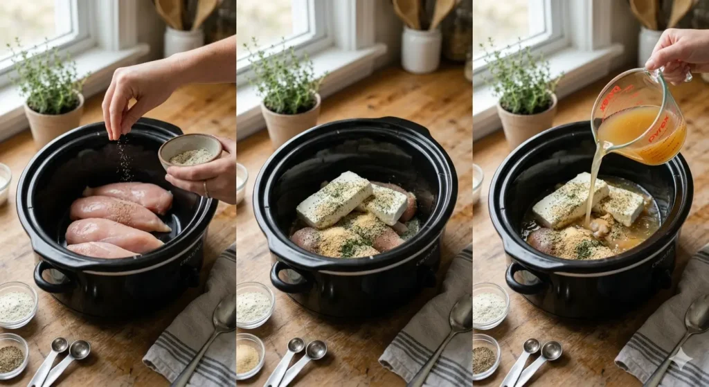 Step-by-step crack chicken slow cooker preparation with raw chicken, cream cheese and seasoning