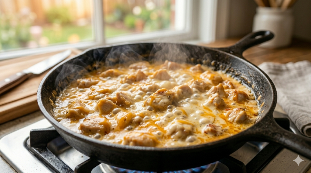 chicken cooking in creamy cheese sauce crack chicken recipe