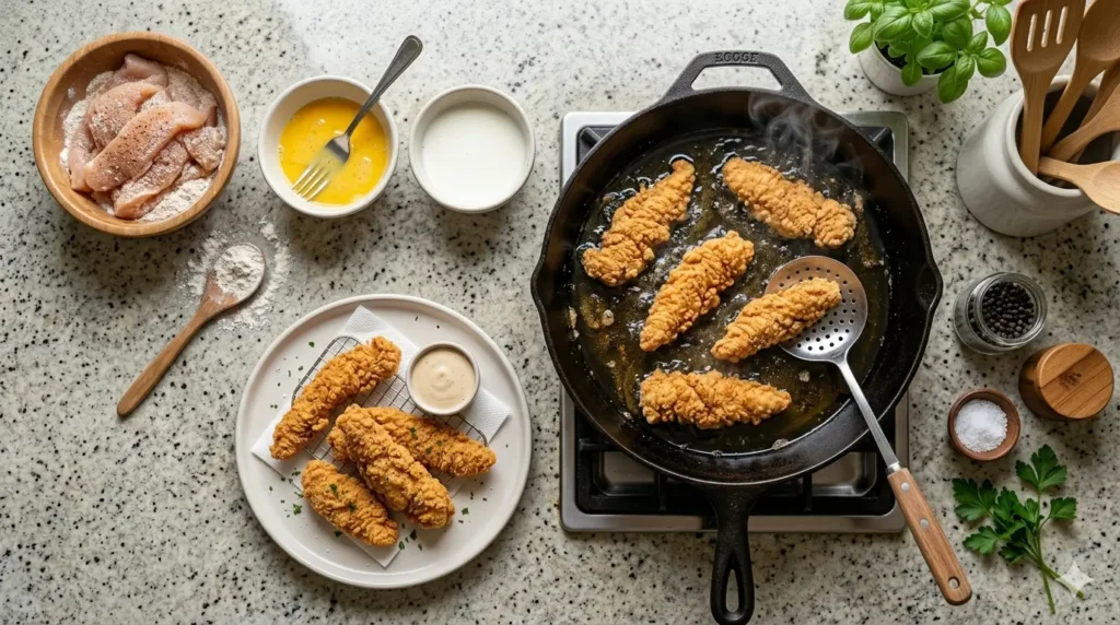 Crispy fried chicken strips recipe served on a white plate