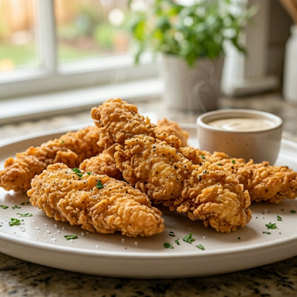 Simple fried chicken strips recipe served crispy on a plate