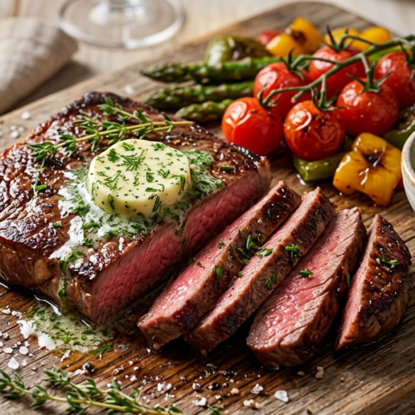 Flat iron steak cooked to medium-rare and sliced against the grain