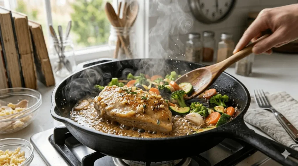Garlic butter chicken with vegetables in a skillet, single serving quick dinner.