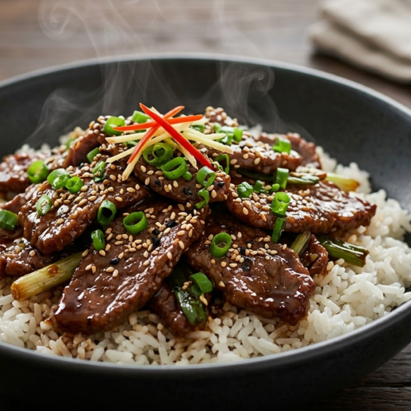 Mongolian beef served over steamed rice with green onions