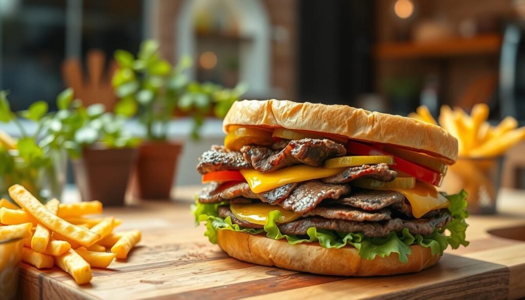 Hearty steak sandwich with toppings