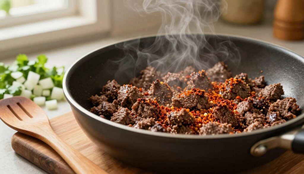cooking ground beef for seasoned ground beef tacos in skillet