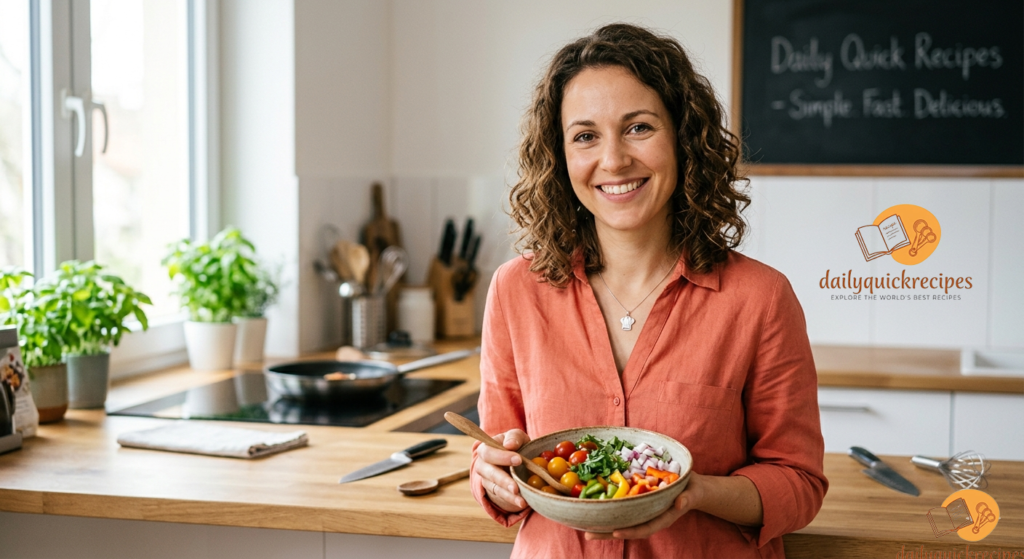 Mary, founder of Daily Quick Recipes, smiling in a kitchen settin